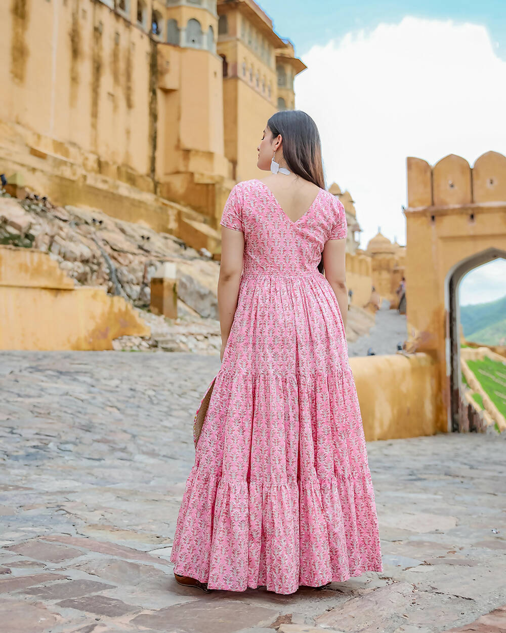 Designer Partywear Printed Pink Pure Maslin Gown - Anbazaar | Grocsy