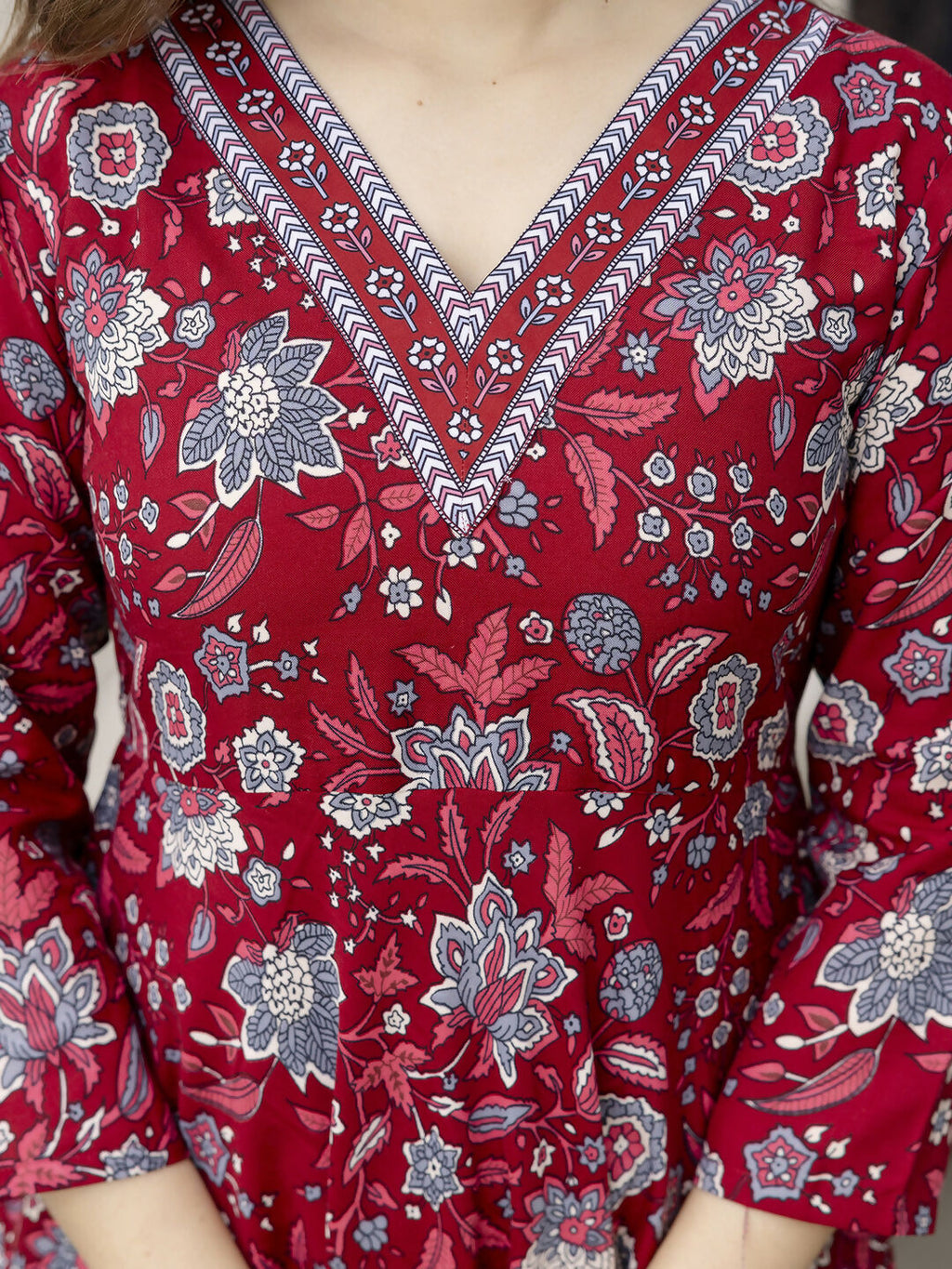 The52 Maroon Women's Gorgeous Rayon Fabric Printed Work Flared Kurta, Pant and Dupatta Set | Grocsy