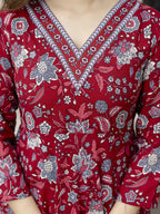 The52 Maroon Women's Gorgeous Rayon Fabric Printed Work Flared Kurta, Pant and Dupatta Set | Grocsy