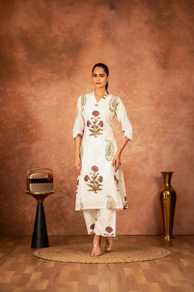 Joban Fashion Off White Red Floral Hand Block Printed Cotton Kurta Pant Set | Grocsy