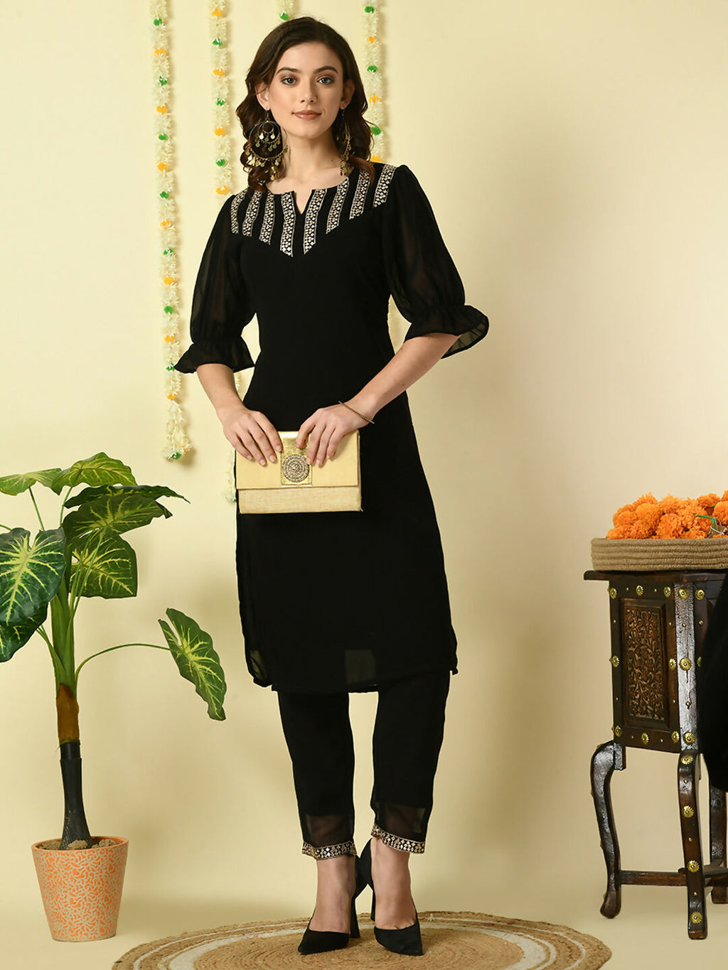 Myshka Women's Black Georgette Kurta With Trousers Party Sets | Grocsy