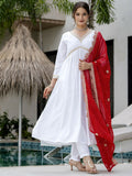 The52 White Women's Gorgeous Embroidered Chanderi Fabric Straight Kurta, Pant and Dupatta Set | Grocsy