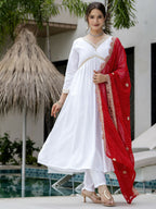 The52 White Women's Gorgeous Embroidered Chanderi Fabric Straight Kurta, Pant and Dupatta Set | Grocsy