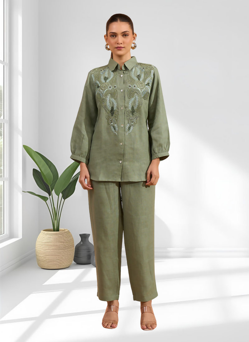 Joban Fashion Pista Green Linen Embroidered Readymade Cord Set | Grocsy