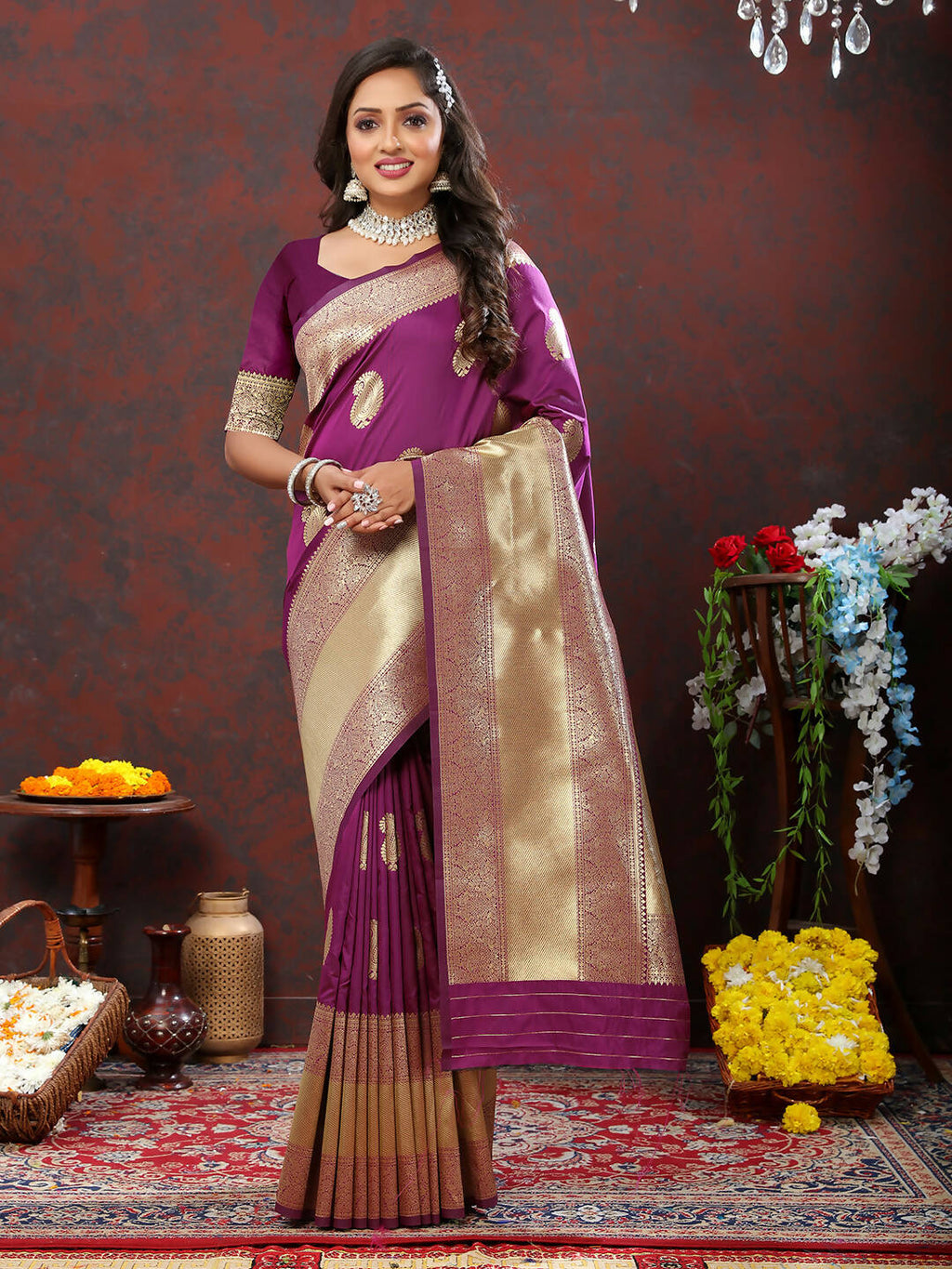 Lorenvalley Fashion Wine Soft Silk Woven Design Gold Zari Weaving Saree | Grocsy