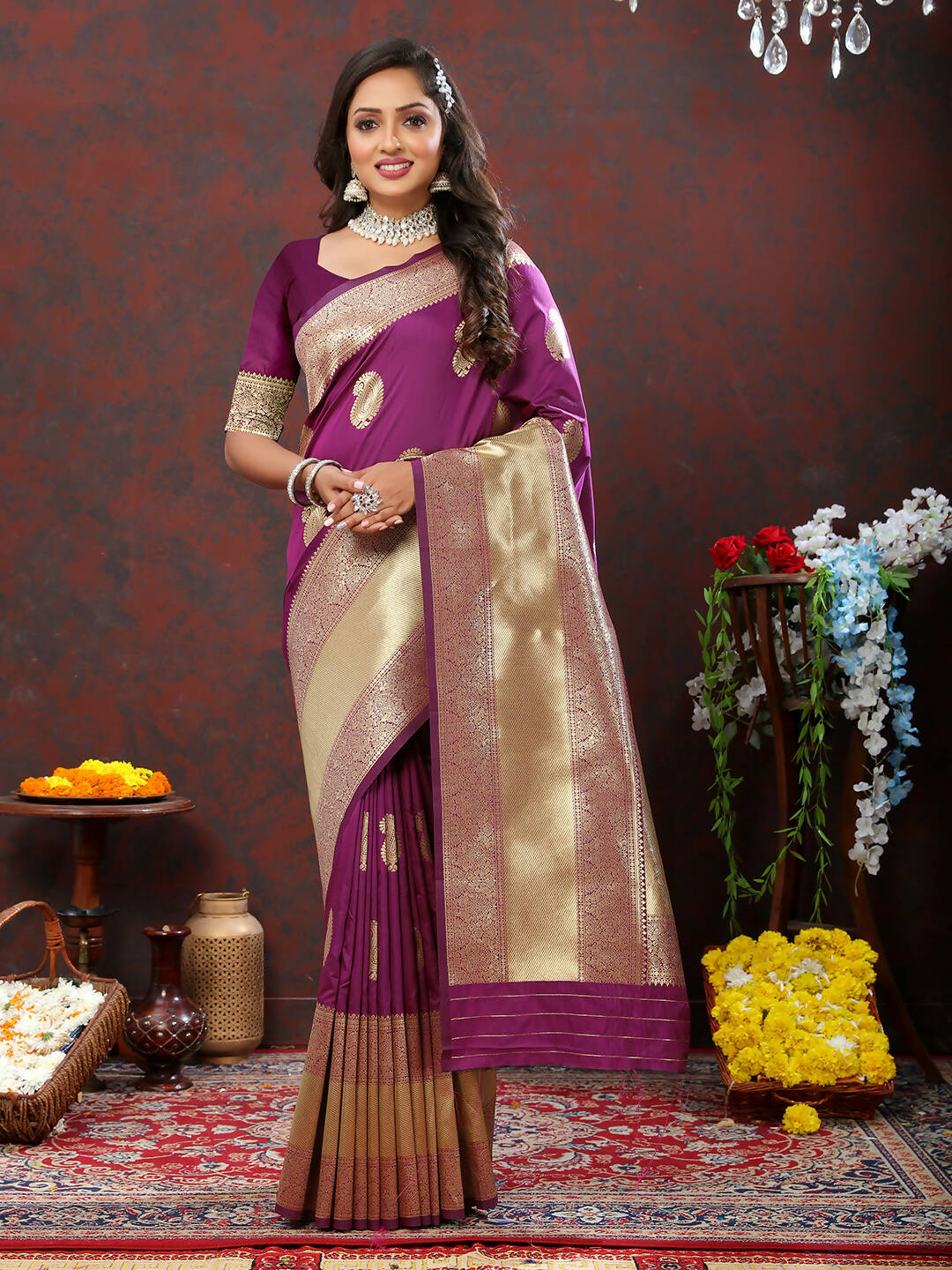 Lorenvalley Fashion Wine Soft Silk Woven Design Gold Zari Weaving Saree | Grocsy