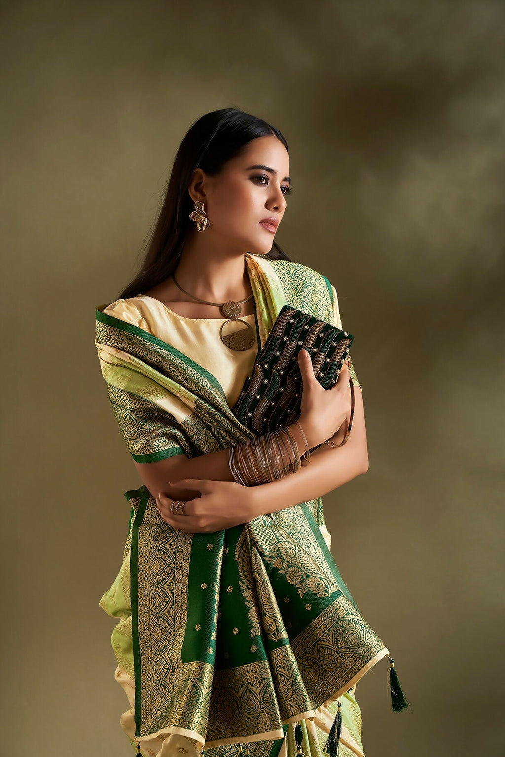 Joban Fashion Cream & Light Green Plain With Weaving Border Banarasi Silk Sarees | Grocsy