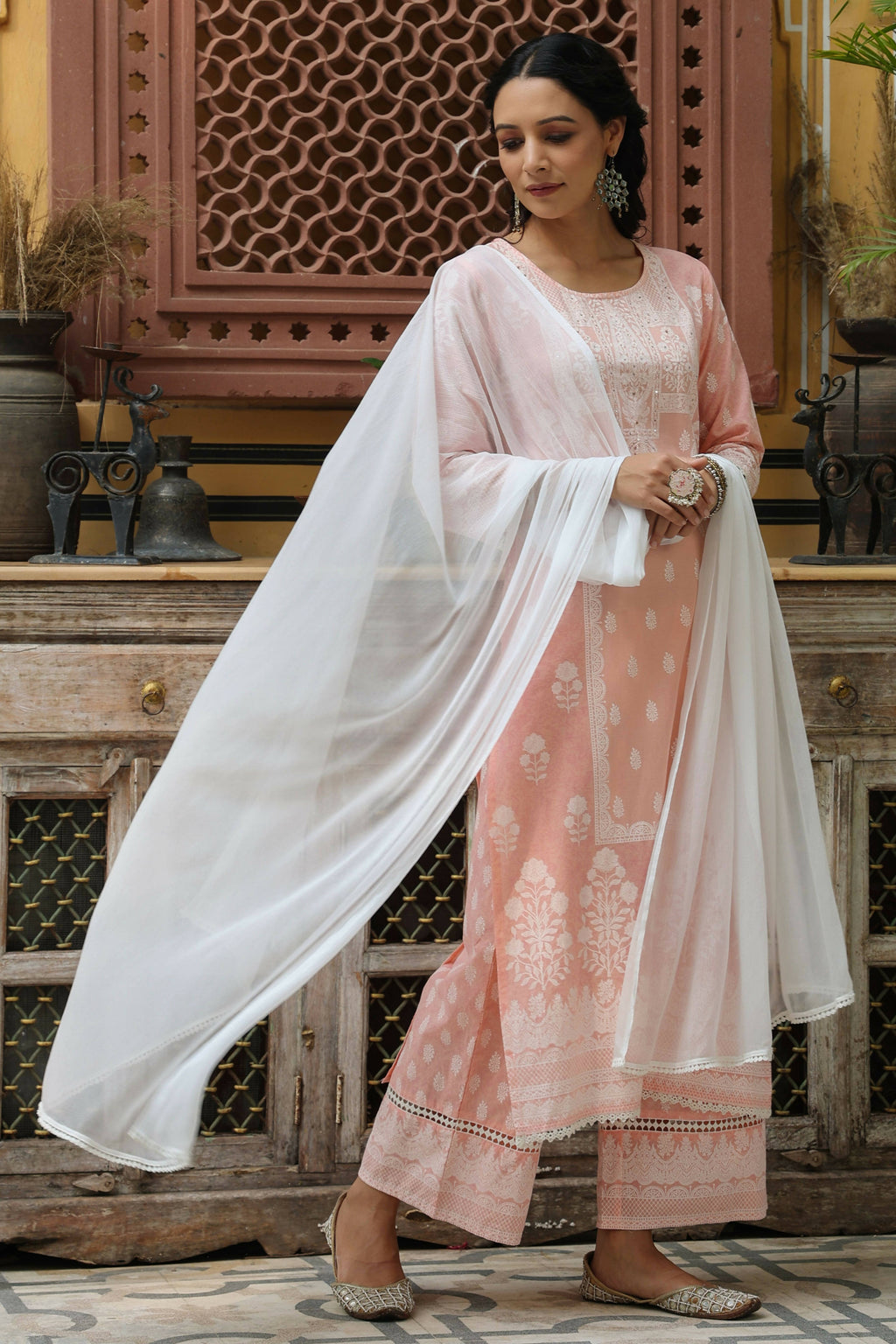 Juniper Women's Peach Printed Straight Kurta Sets | Grocsy