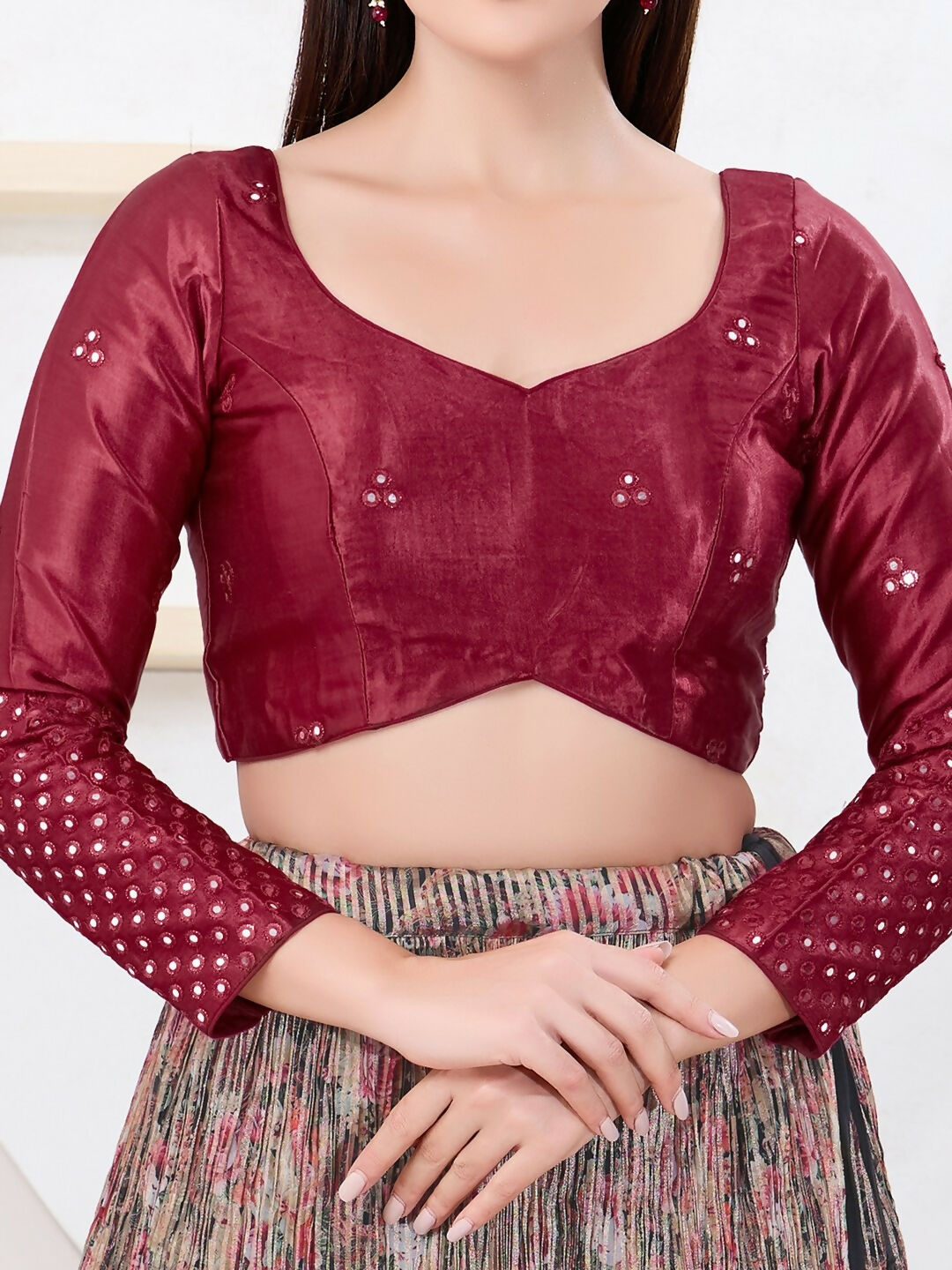 Joban Fashion Maroon Gajji Silk Elbow Sleeveless Back Open Blouse | Grocsy