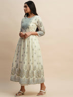 White And Blue Pure Cotton Floral Printed Anarkali Kurta And Bottom With Dupatta - Akashara | Grocsy