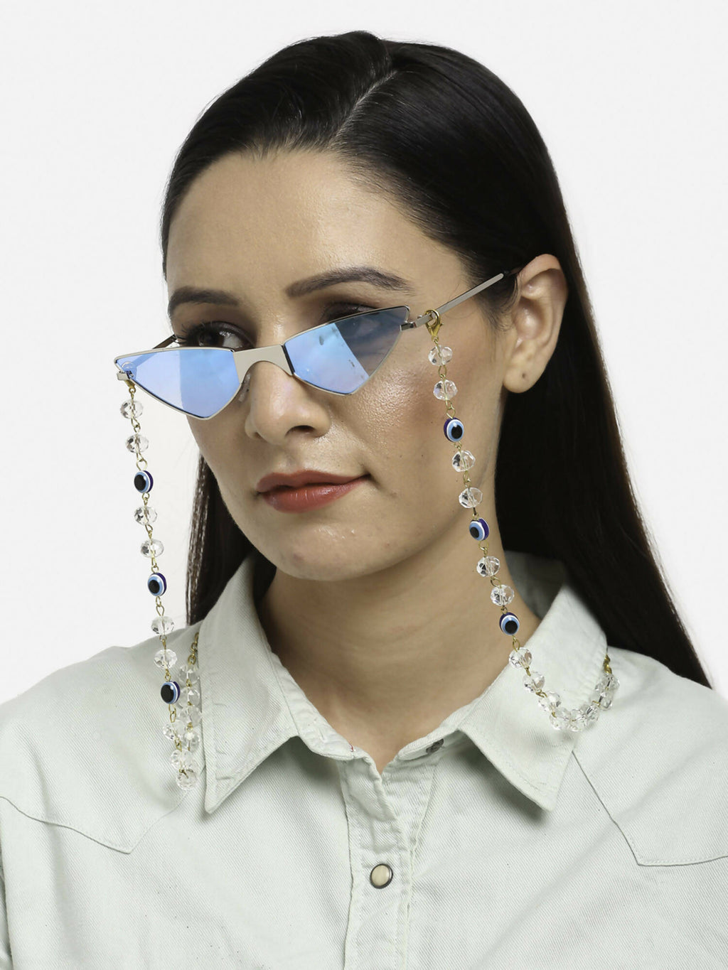 Unisex Gold-Toned Blue Evil Eye Beaded Mask Chain - Ruby Raang | Grocsy