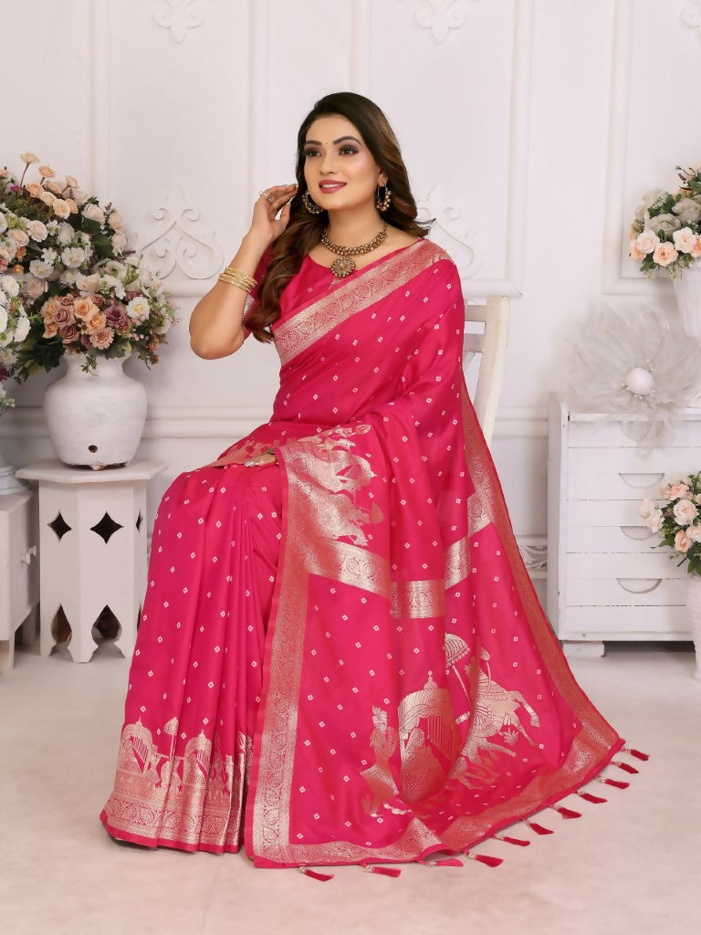 Anaita Rani Pink kochi Silk With Bandhej Weaving Saree With Blouse | Grocsy