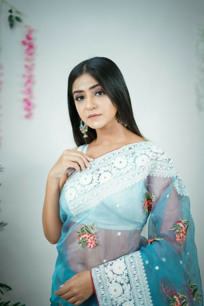 Vamsee Patralekha Blue Organza Saree | Grocsy