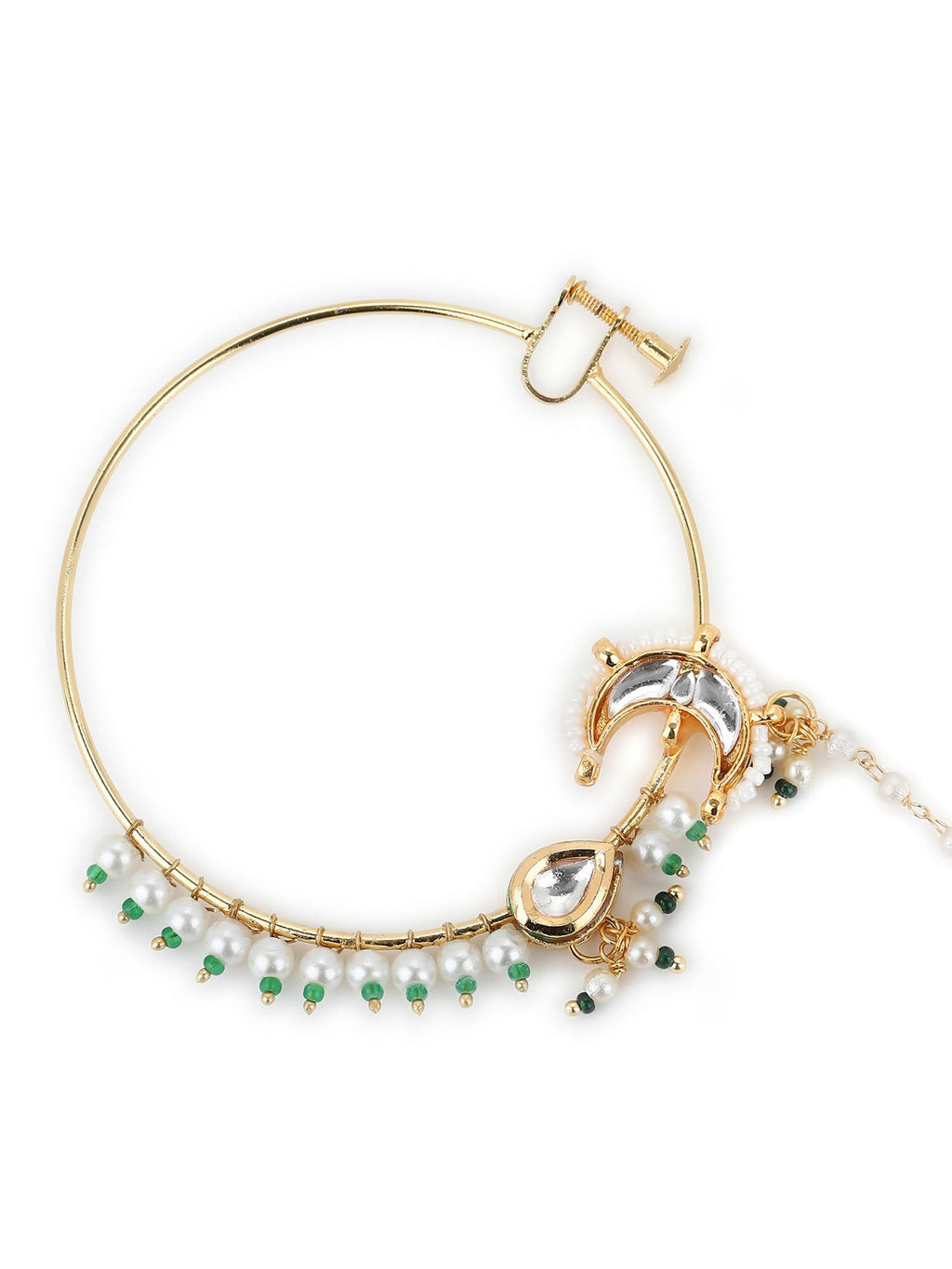 Gold-Polished White Green Kundan-Studded Pearl Beaded Nosepin - Ruby Raang | Grocsy