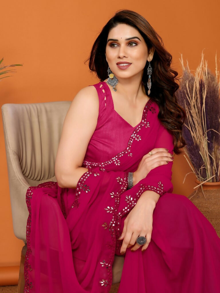 Partywear Designer Pink Georgette Fancy Saree - Starwalk | Grocsy