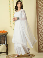 Myshka Women's White Georgette Kurta & Skirt With Dupatta Party Sets | Grocsy