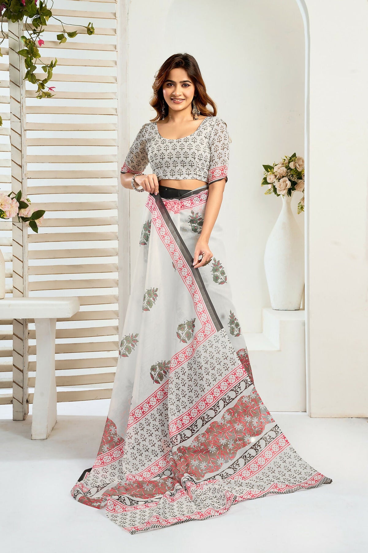 Vastranavya Green Digital Printed Linen Ready To Wear Designer Saree with Unstitched Blouse | Grocsy