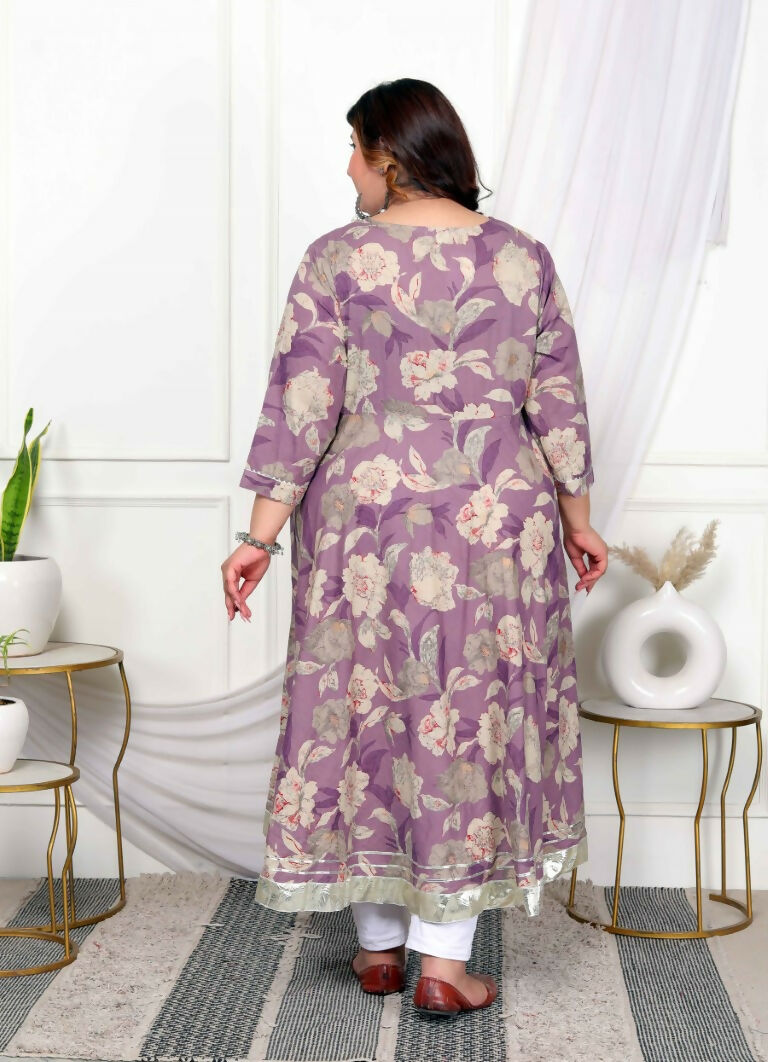 Miravan Women's Plus Size Purple Flower Printed With Beautiful Lace Border Details Anarkali Kurta | Grocsy