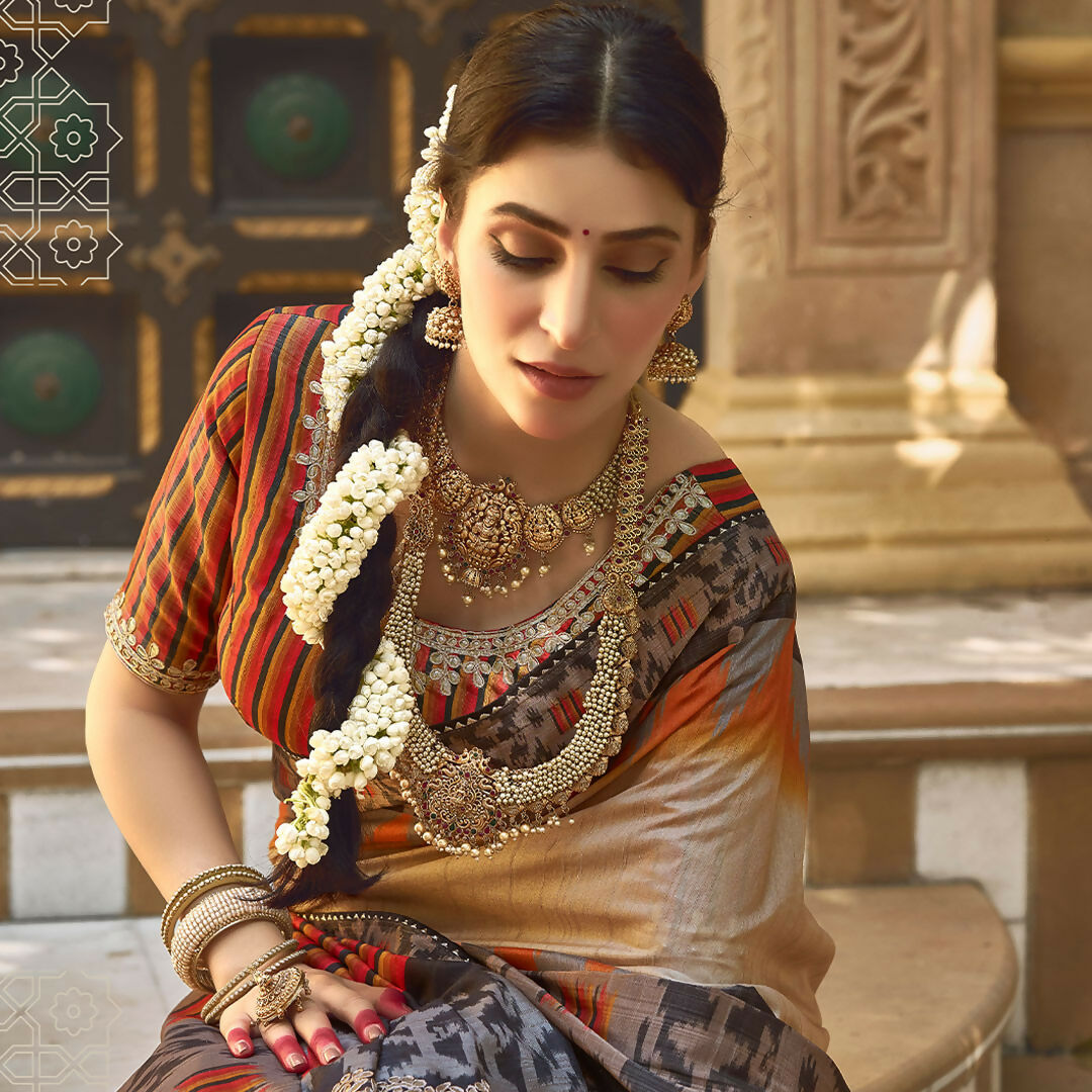 Beige Bhagalpuri Silk Pure Gota Work Saree With Unstitched Blouse - Norita Gajri | Grocsy