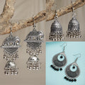 NVR Women's Set of 3 Silver-Toned German Silver Oxidised Dome Shaped Jhumka Earrings | Grocsy