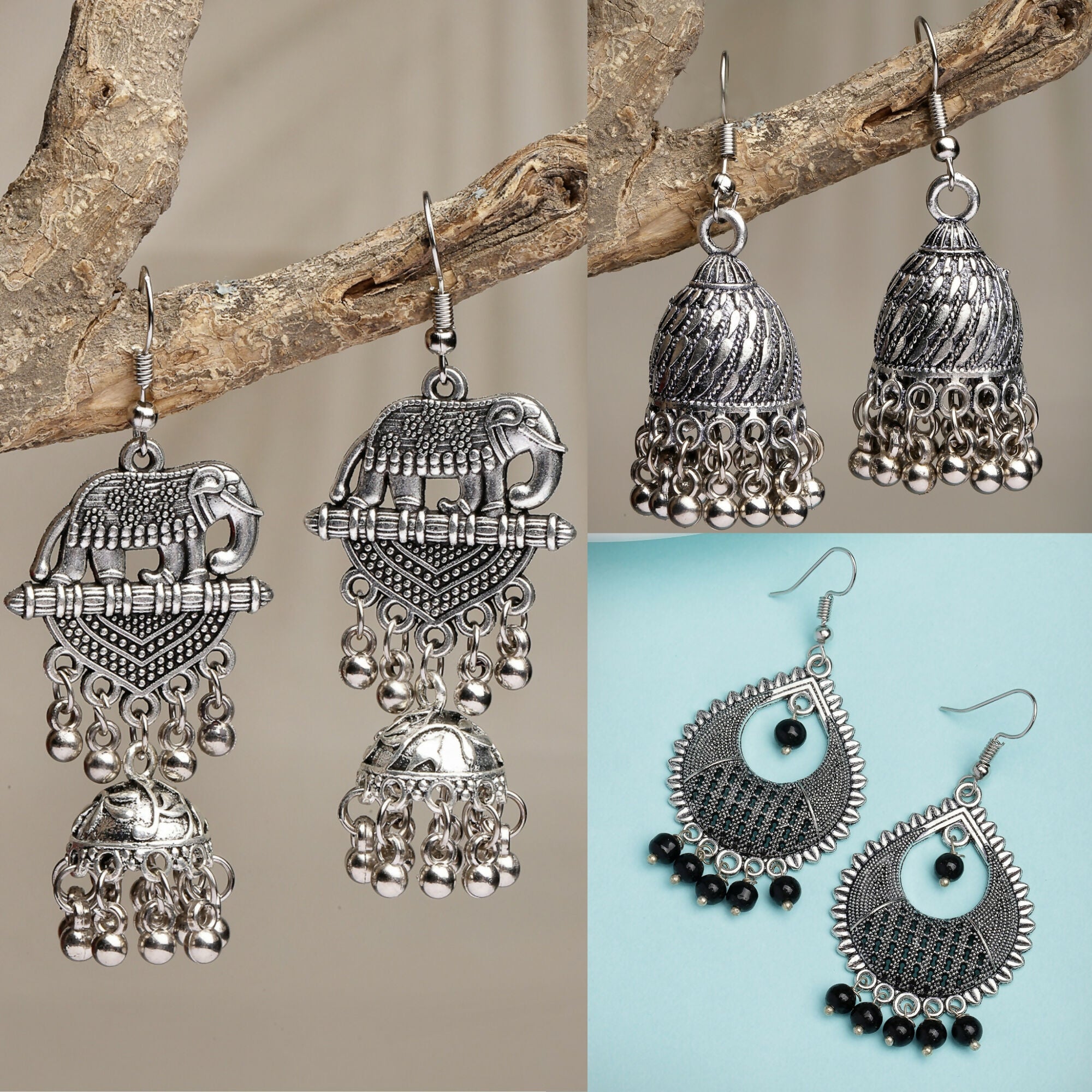 NVR Women's Set of 3 Silver-Toned German Silver Oxidised Dome Shaped Jhumka Earrings | Grocsy
