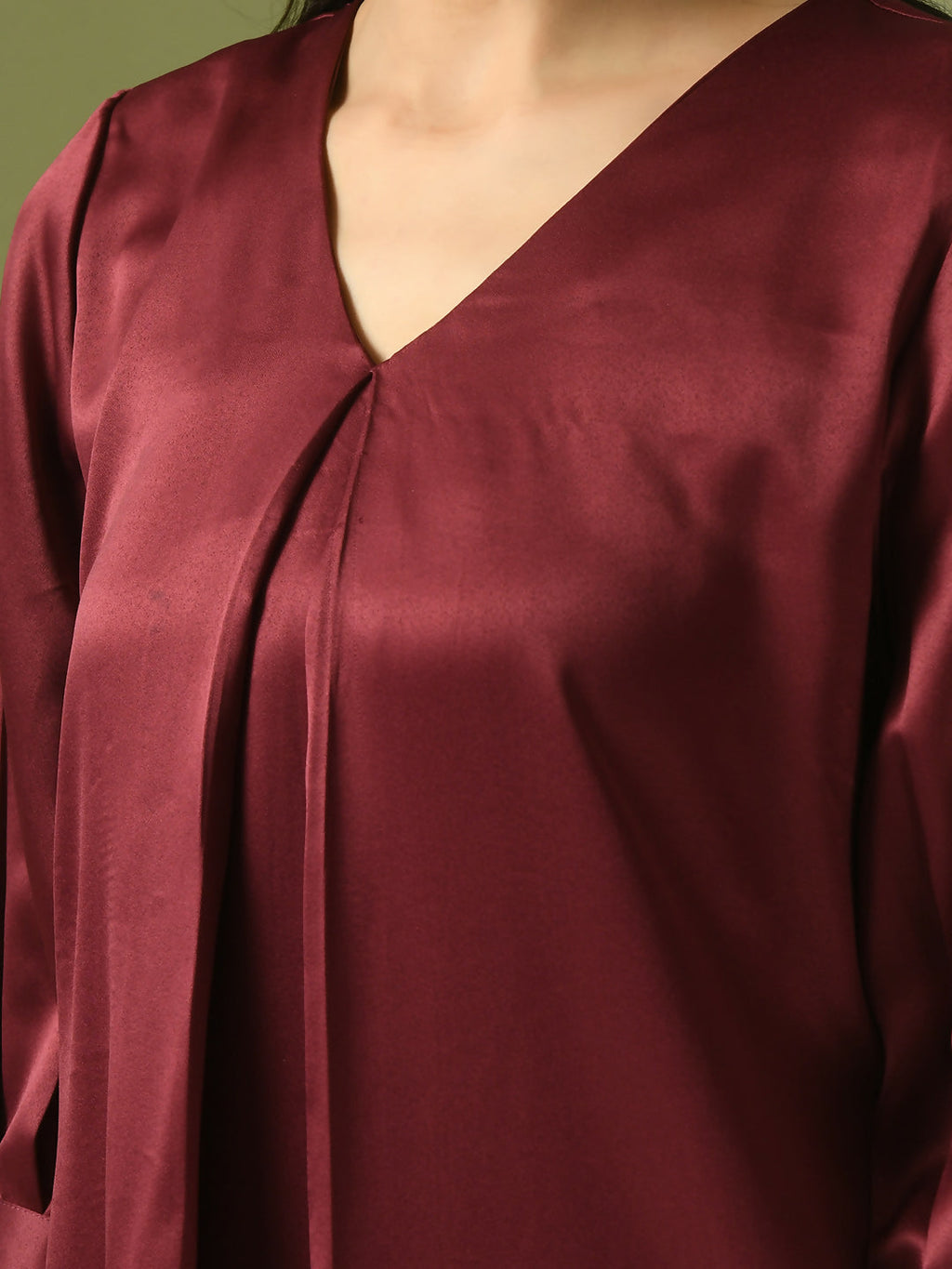 Myshka Women's Maroon Solid Satin V-Neck Party Tunic With Trousers Co-ord set | Grocsy