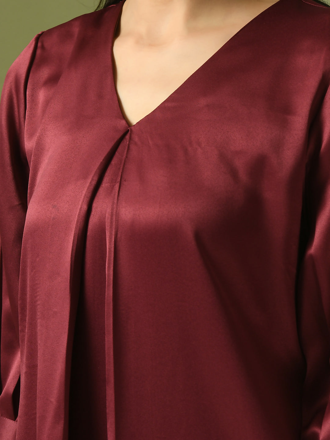 Myshka Women's Maroon Solid Satin V-Neck Party Tunic With Trousers Co-ord set | Grocsy
