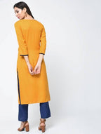 Aniyah Rayon Block Printed Straight Kurta In Mustard And Blue (AN-119K) | Grocsy