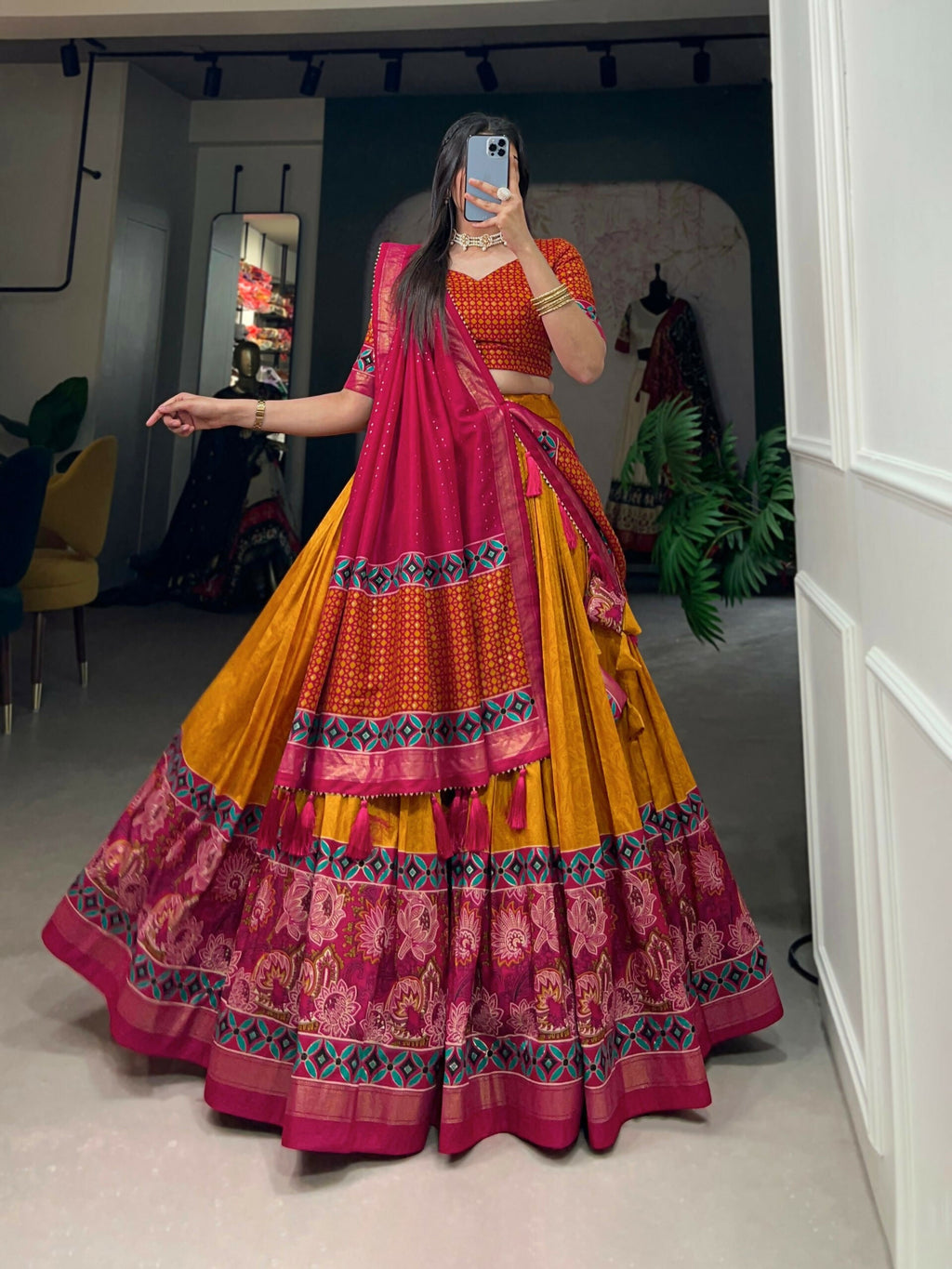 Vastranavya Floral Print With Foil Print Tussar Silk Lehenga with Unstitched Blouse - Mustard | Grocsy