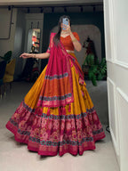 Vastranavya Floral Print With Foil Print Tussar Silk Lehenga with Unstitched Blouse - Mustard | Grocsy