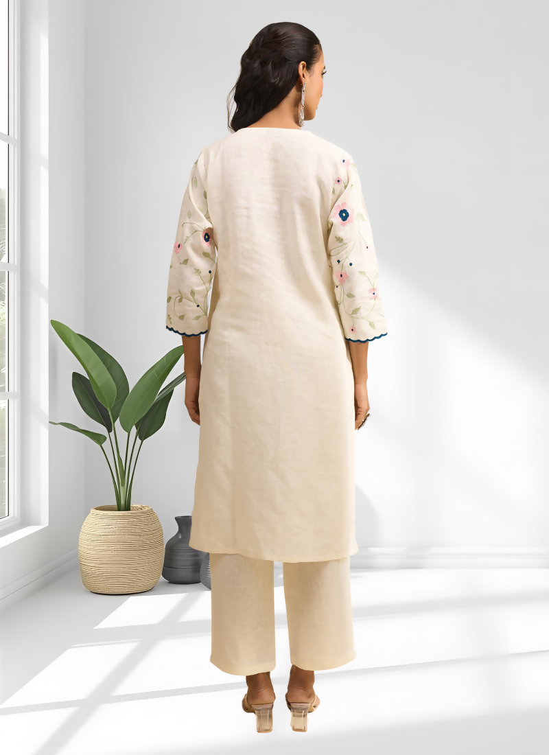 Joban Fashion Cream Linen Embroidered Readymade Long Kurta With Pant | Grocsy