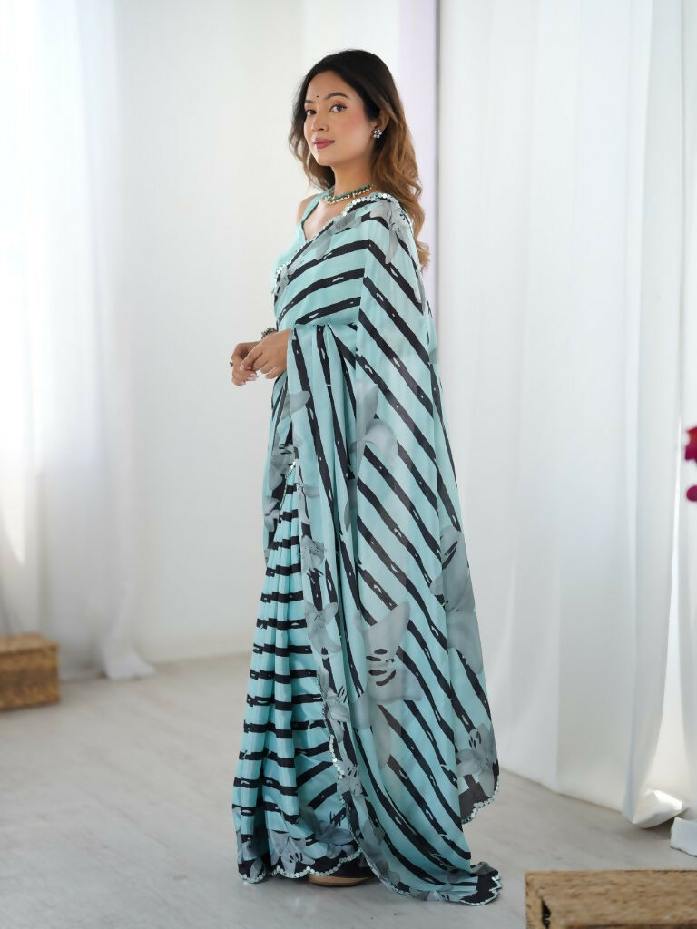 Sea Green Chinon Designer Digital Printed,Mirror Cut Work Saree - Manvika | Grocsy
