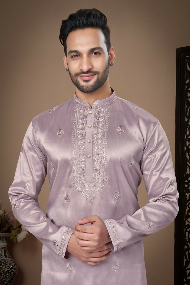 Functional Designer Men's Light Purple Heavy Super Silk Kurta With Pant - Rudra | Grocsy