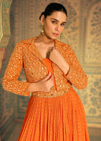 Anaita Orange Shimmer Jacquard Silk Readymade Anarkali Suit with Heavy Embroidery Work | Grocsy