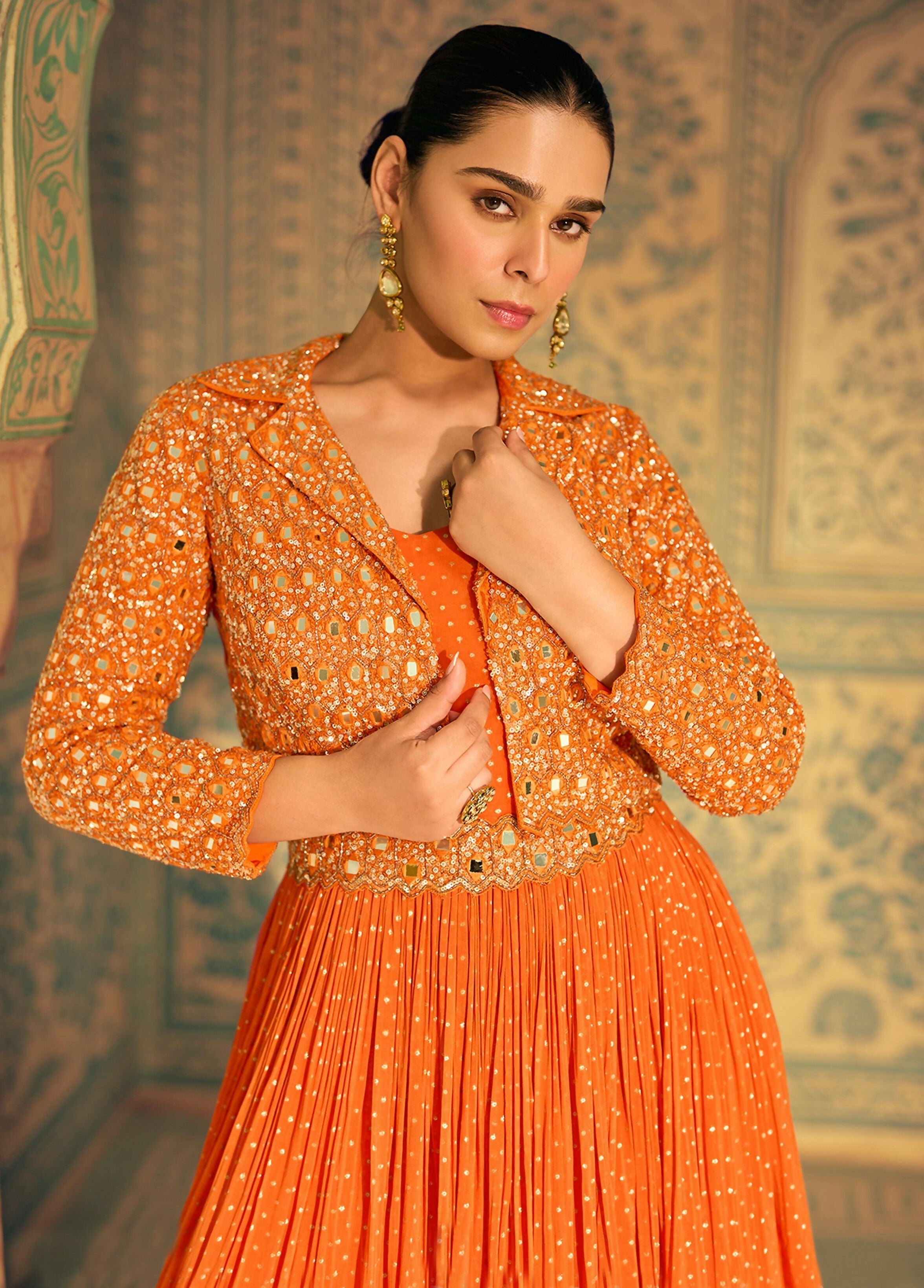 Anaita Orange Shimmer Jacquard Silk Readymade Anarkali Suit with Heavy Embroidery Work | Grocsy