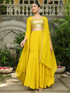 Janasya Yellow Georgette Sequined Top Bottom Cape | Grocsy