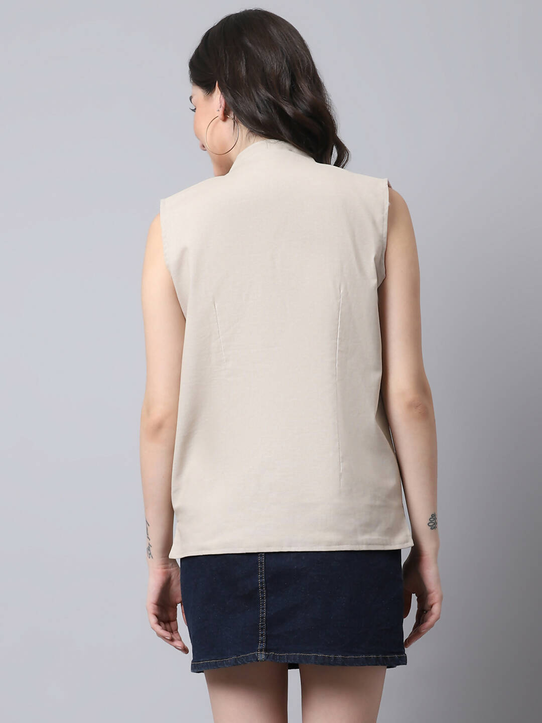 Even Apparels Cream Linen Cotton Open Front Women's Waistcoat | Grocsy