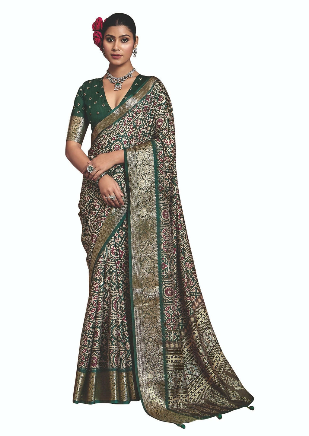 Joban Fashion Green Art Silk With Fine Viscose Border Ajrak Full Body Print With Soft Finish Saree | Grocsy