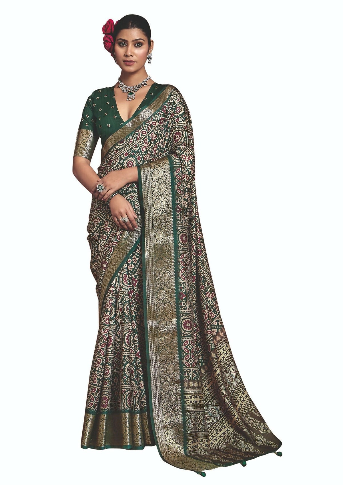 Joban Fashion Green Art Silk With Fine Viscose Border Ajrak Full Body Print With Soft Finish Saree | Grocsy
