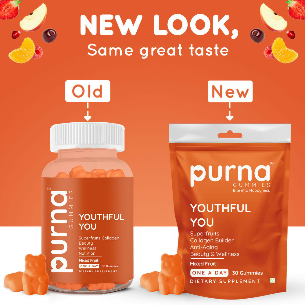 Purna Gummies Superfruits Collagen Mixed Fruit Flavour Gummies for Hair and Skin | Grocsy