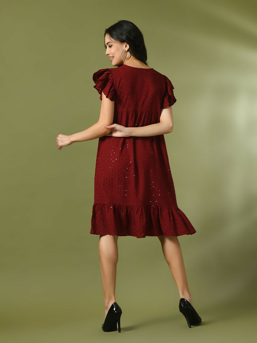 Myshka Women's Maroon Embroidered Cotton Round Neck A-Line Party Dress | Grocsy