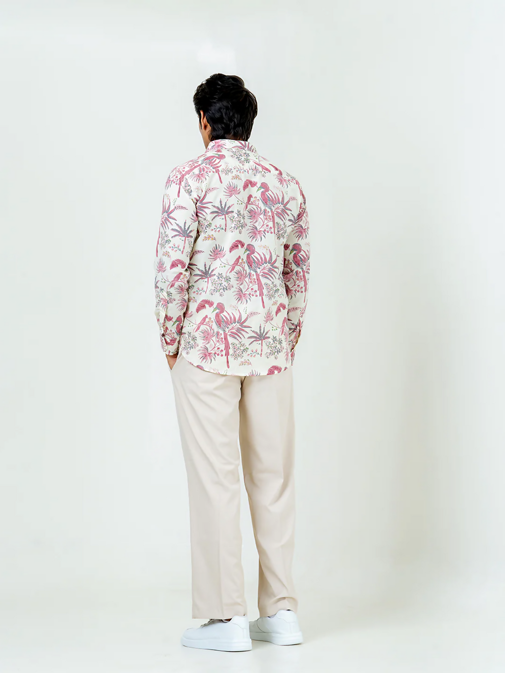 Miravan Men's Pure Cotton Light Pink Bird And Floral Printed Full Sleeve Slim Fit Shirt | Grocsy