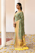 Joban Fashion Grass Green Crepe Chiffon Pure Handloom Banarasi Silk Saree | Grocsy