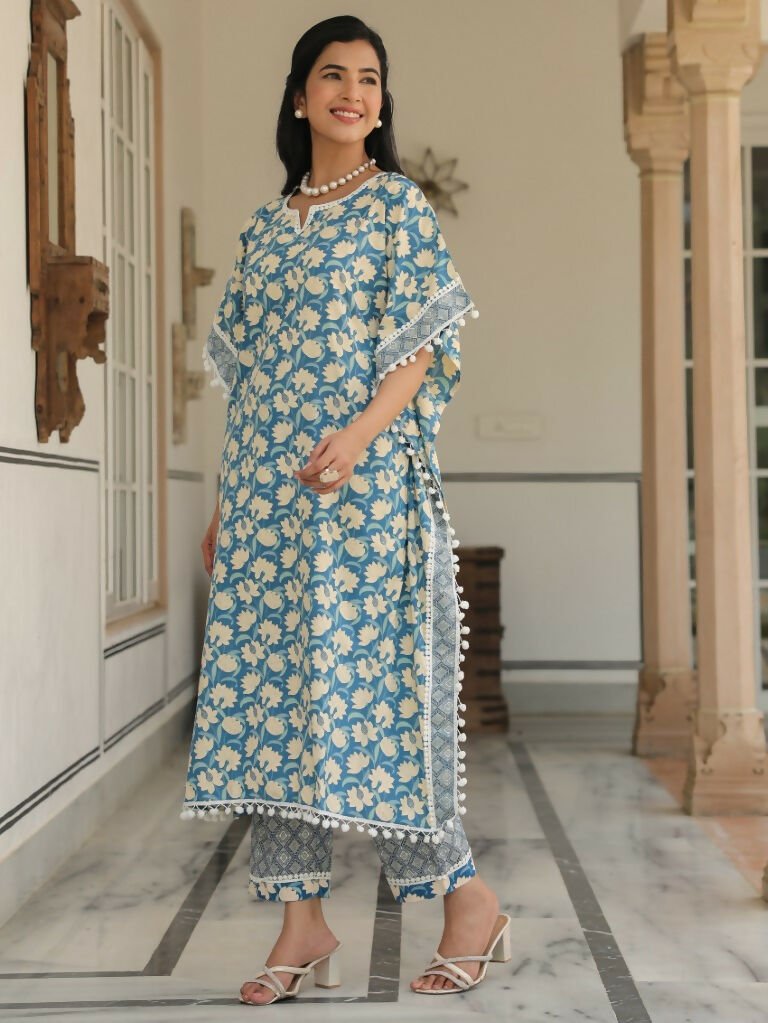 Aramya Kaftan Soft Cotton Floral Print Women's Kurta Set - Blue | Grocsy
