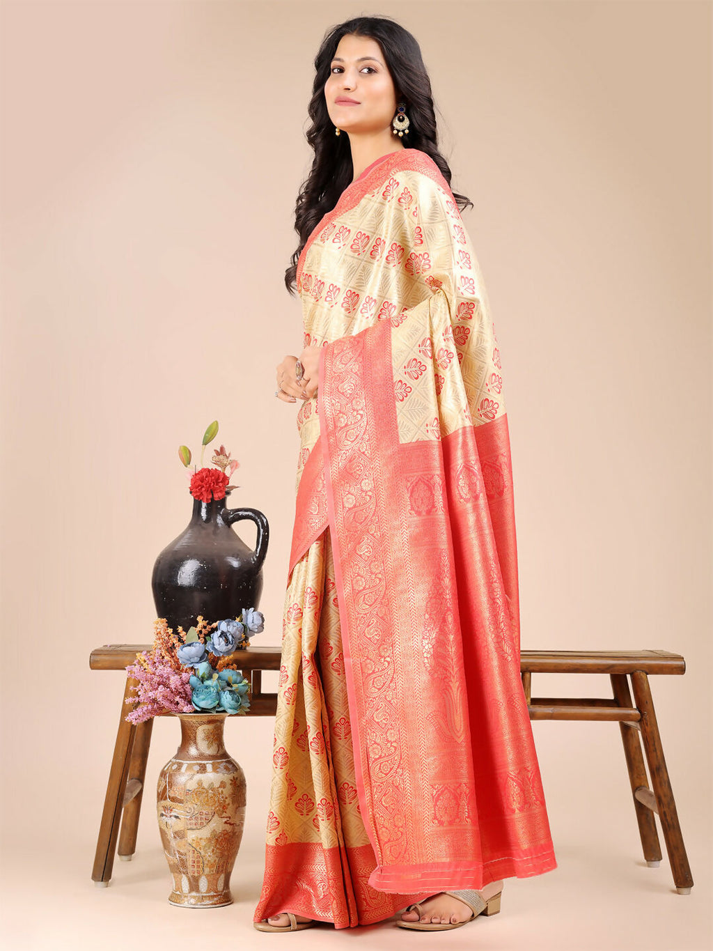 Shree Shyam Fashion Aura Silk Cream Red Banarasi Silk Saree | Grocsy