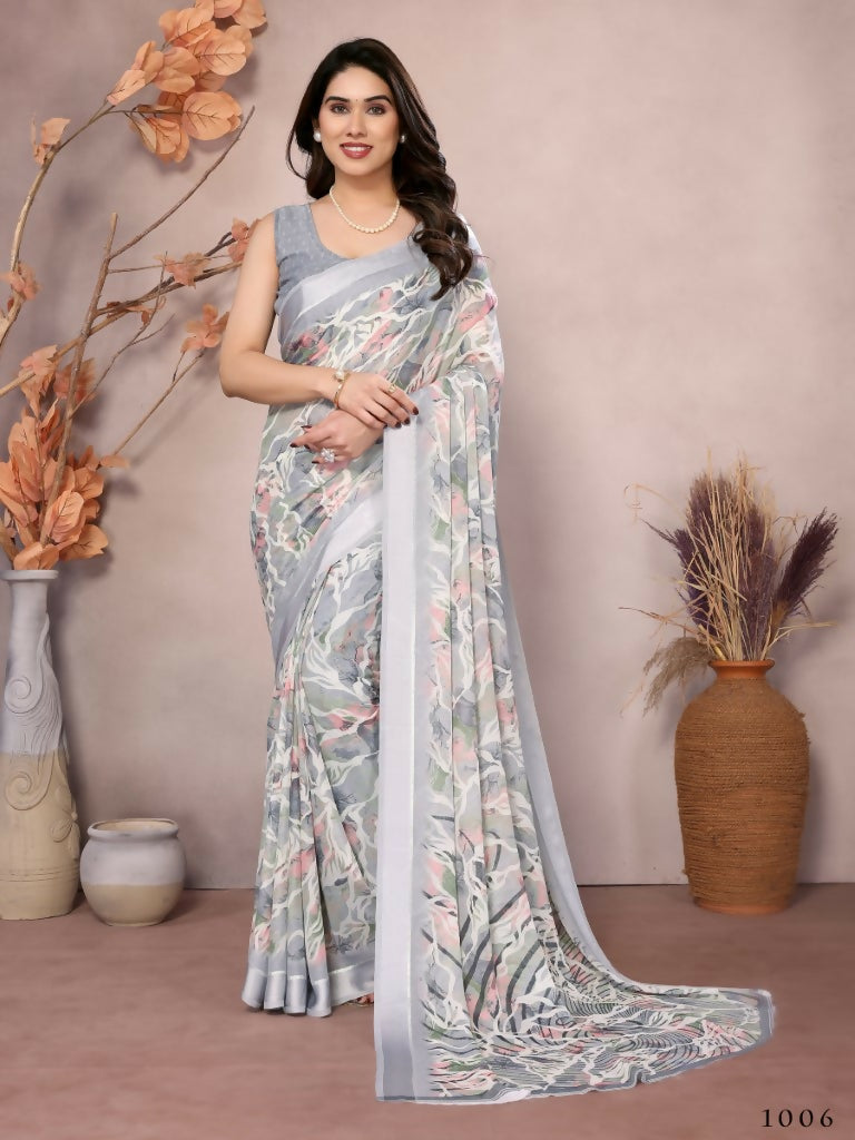 Designer Partywear Greay Bright Moss Satin Patta Fancy Saree - Kanak | Grocsy