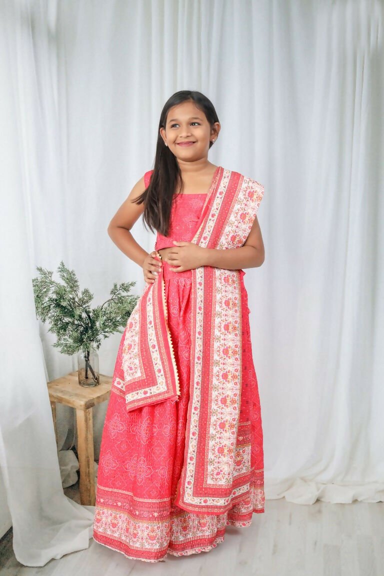 Aayaa Designer Printed Chinon Crochet Sequance Kids Lehenga Choli - Pink | Grocsy