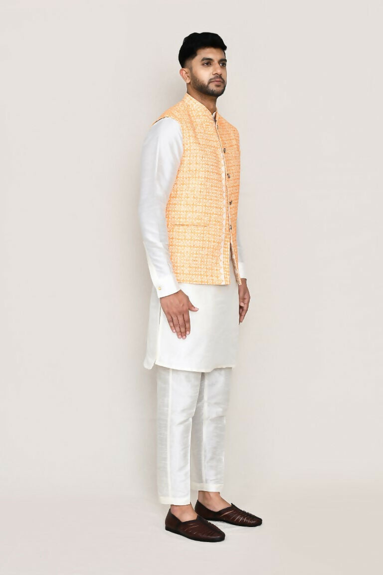 Joban Fashion White Colored Art Silk Fabric Kurta, Jacket With Straight Fit Pant | Grocsy