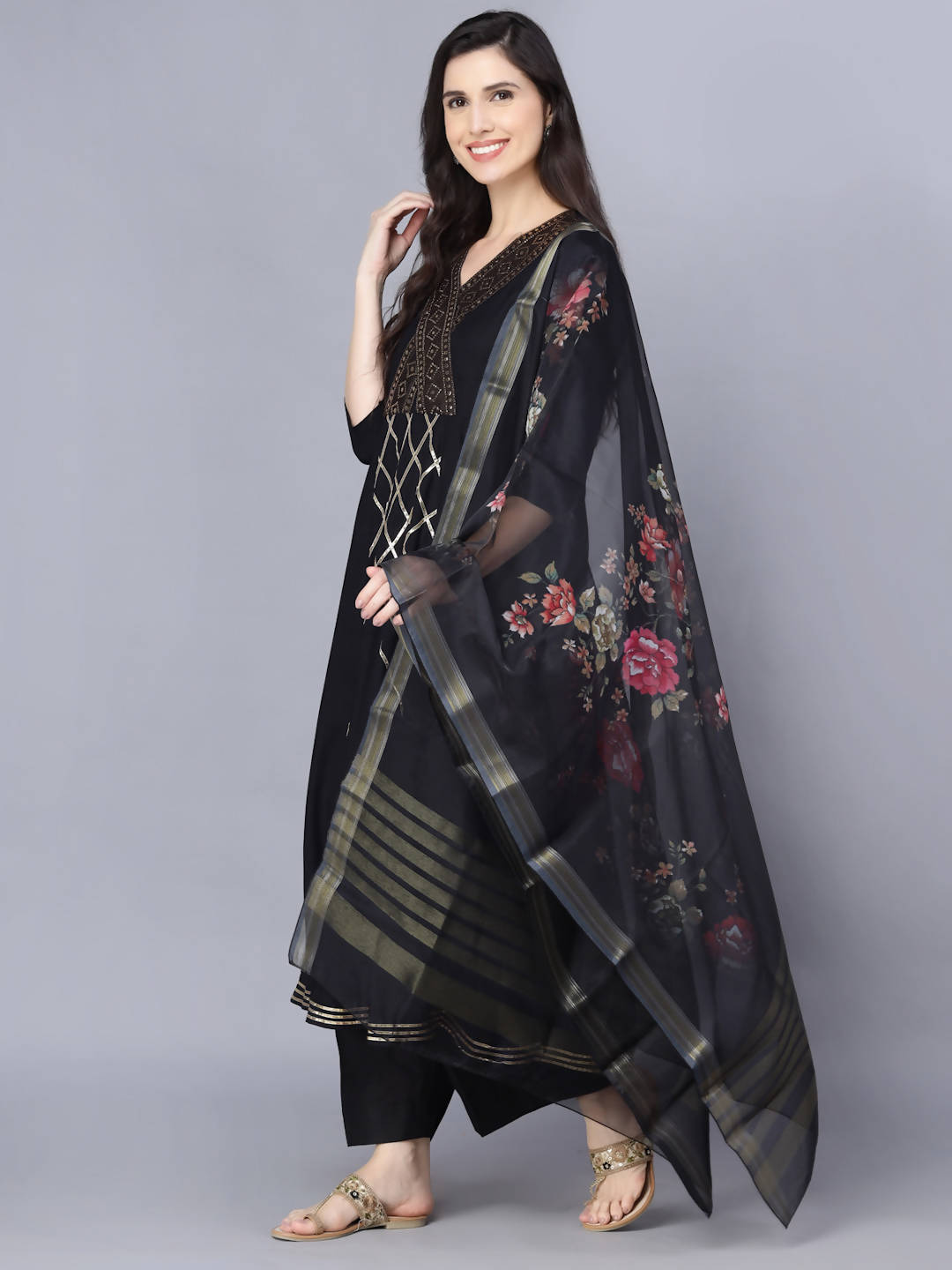 Myshka Women Black Printed Kurta with Dupatta | Grocsy