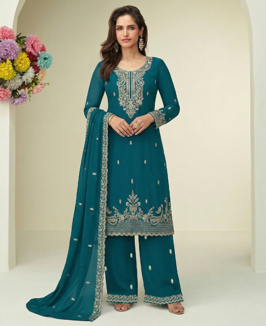 KC Aqua Blue Georgette Heavy Embroidered Fancy Suit For Women | Grocsy